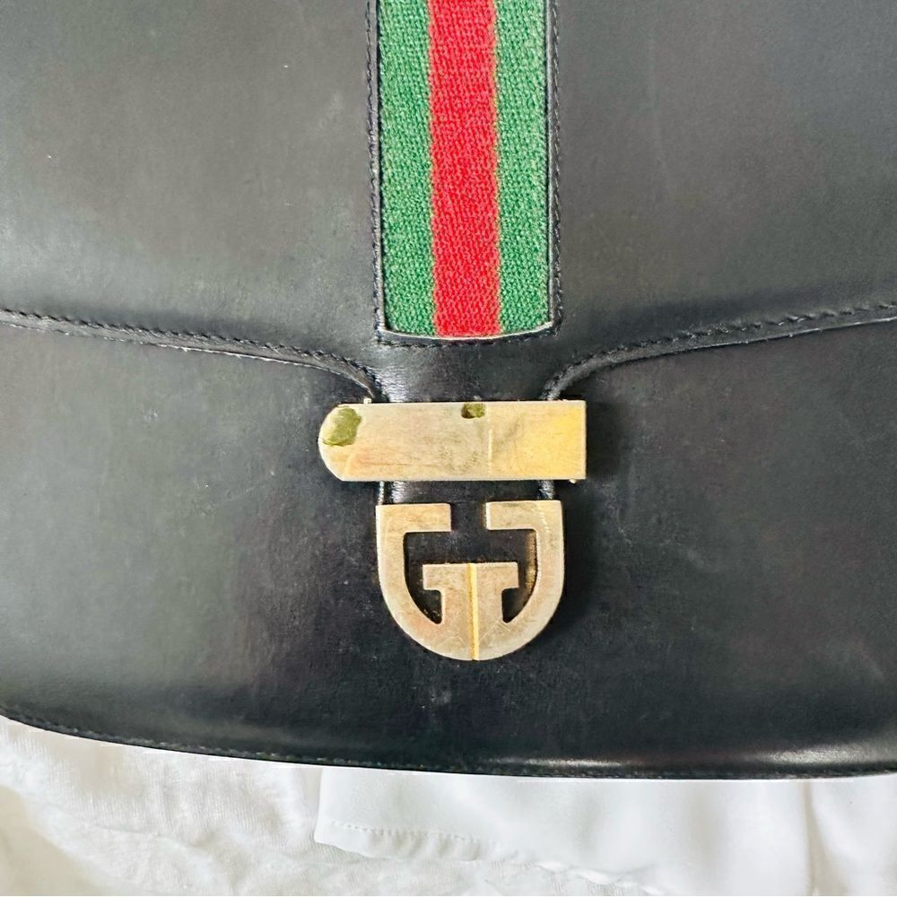 Gucci black leather web accent and gold GG lock shoulder - Picture 9 of 16